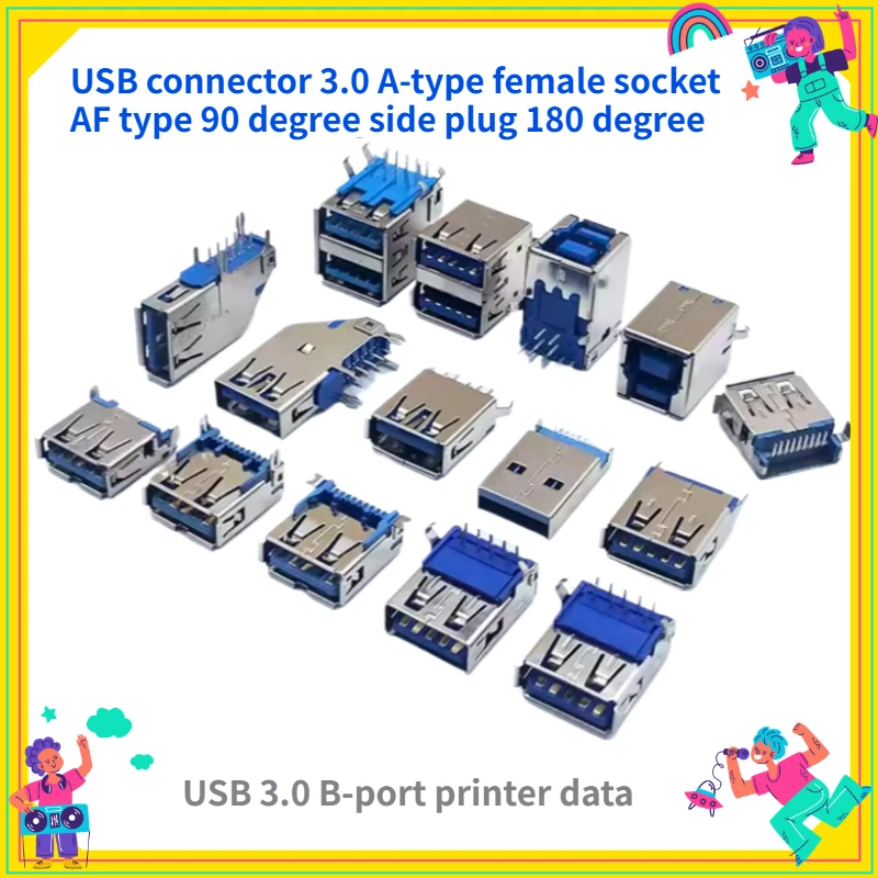 

5PCS USB Connector 3.0 A-type Female Socket AF Type 90 Degree Side Plug 180 Degree USB 3.0 B-port Printer Data