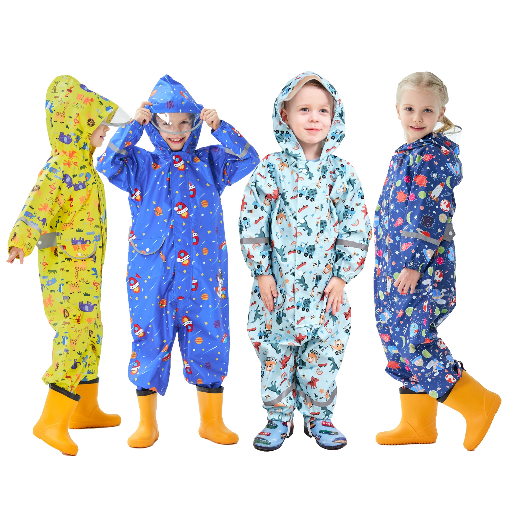 LPATTERN Kids Rain Suit Hoodie Waterproof Baby Boys Girls Cartoon Print Jumpsuits One-Piece Raincoat Children\'s Rainwear