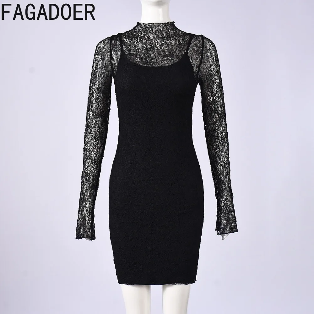FAGADOER Sexy Lace Patchwork Bodycon Dresses Woman See Through Spaghetti Strap Dress + Smock Female Streetwear Vestidos 2025 New