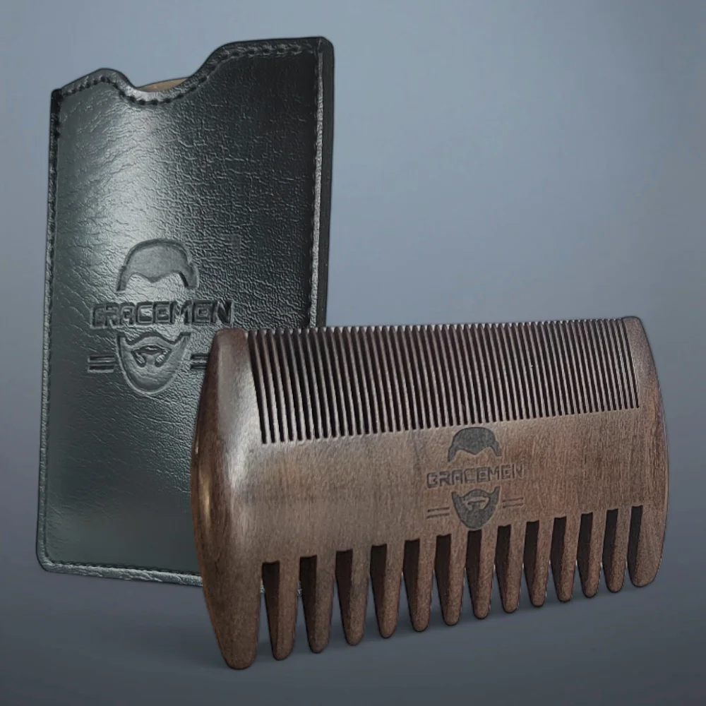 Gracemen 100% Black Wood Beard Hair Comb Double Sides Pocket Sized Anti-Static Wooden Comb with PU Sleeve Case