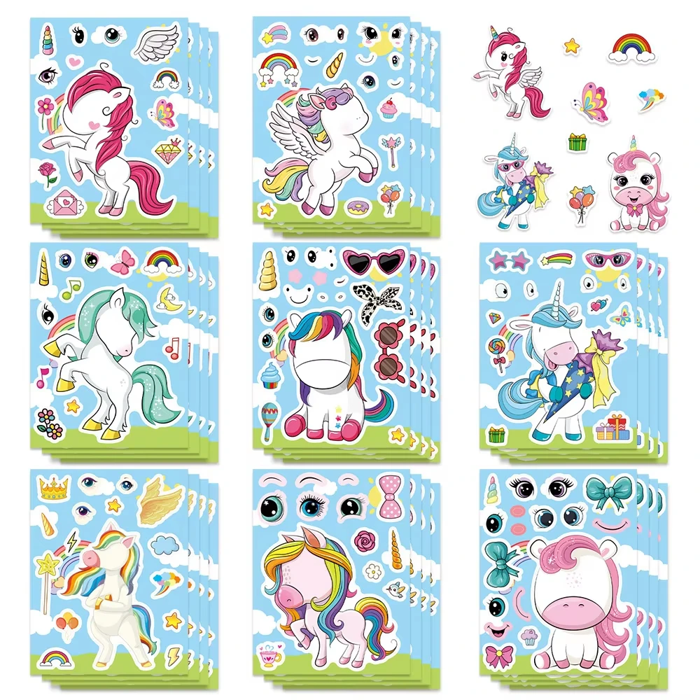 16Sheets Rainbow Unicorn Puzzle Stickers Make a Face Cartoon Decals DIY Guitar Phone Laptop Suitcase Water Cup Skateboard Decals