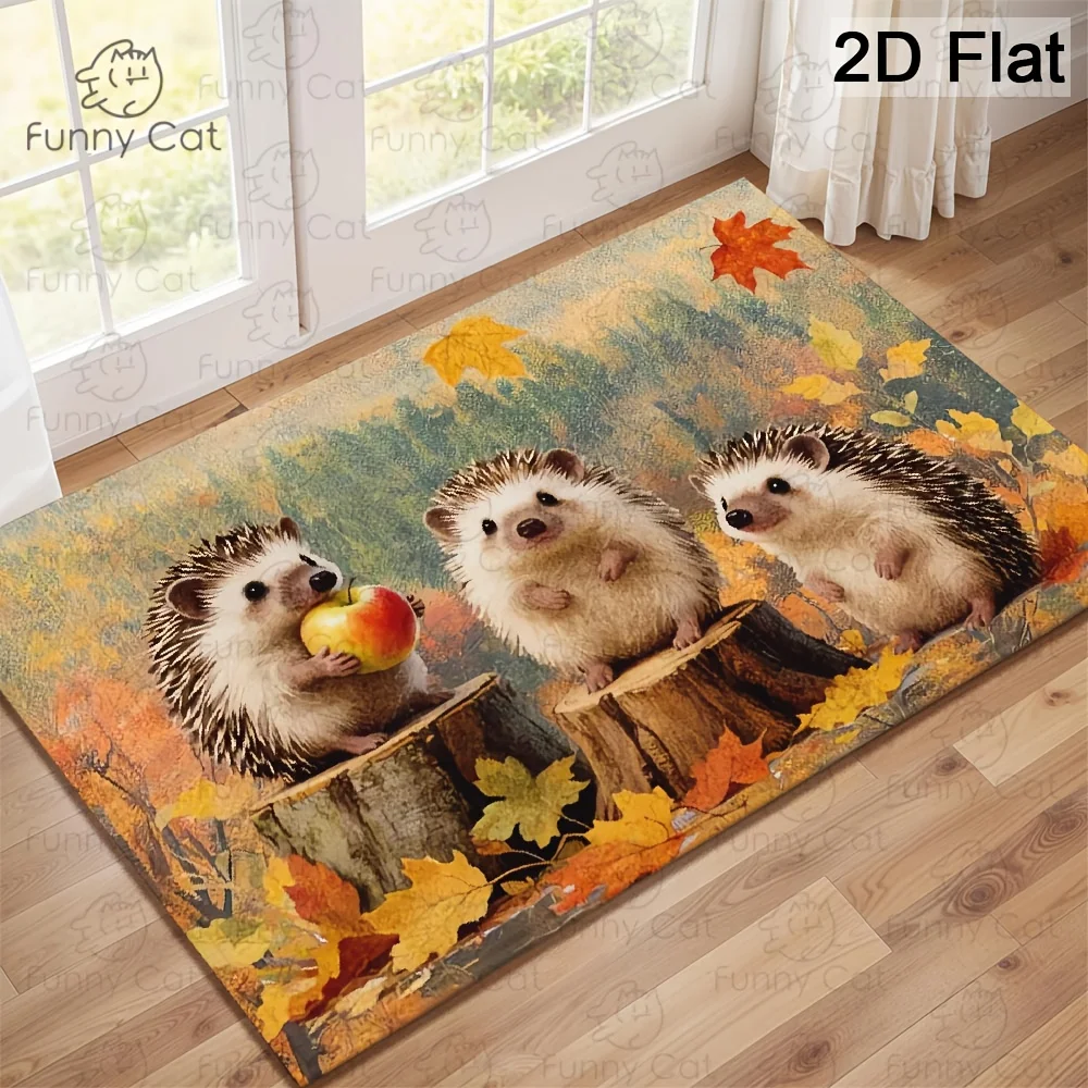 Cute Hedgehog Autumn Fall Leaves Polyester Doormat Outdoor Indoor Mat for Home Decor Forest Animal Entrance Rug Gift