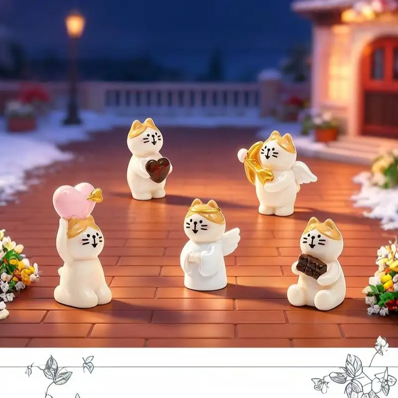 5Pcs Cartoon Cupid Cat Mini Figurine Cute Kitten Resin Statue DIY Micro Landscape Ornament For Desktop Decoration Gift