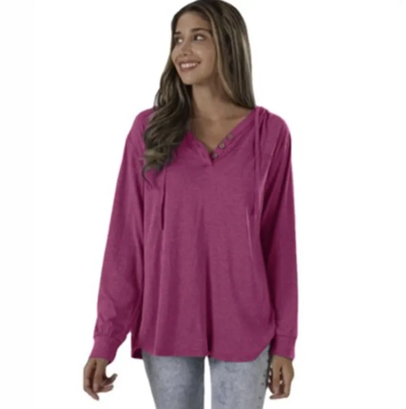 

Женские однотонные свободные повседневные модные простые пуловеры с v-образным вырезом и пуговицами с капюшоном и длинными рукавами, женская американская одежда