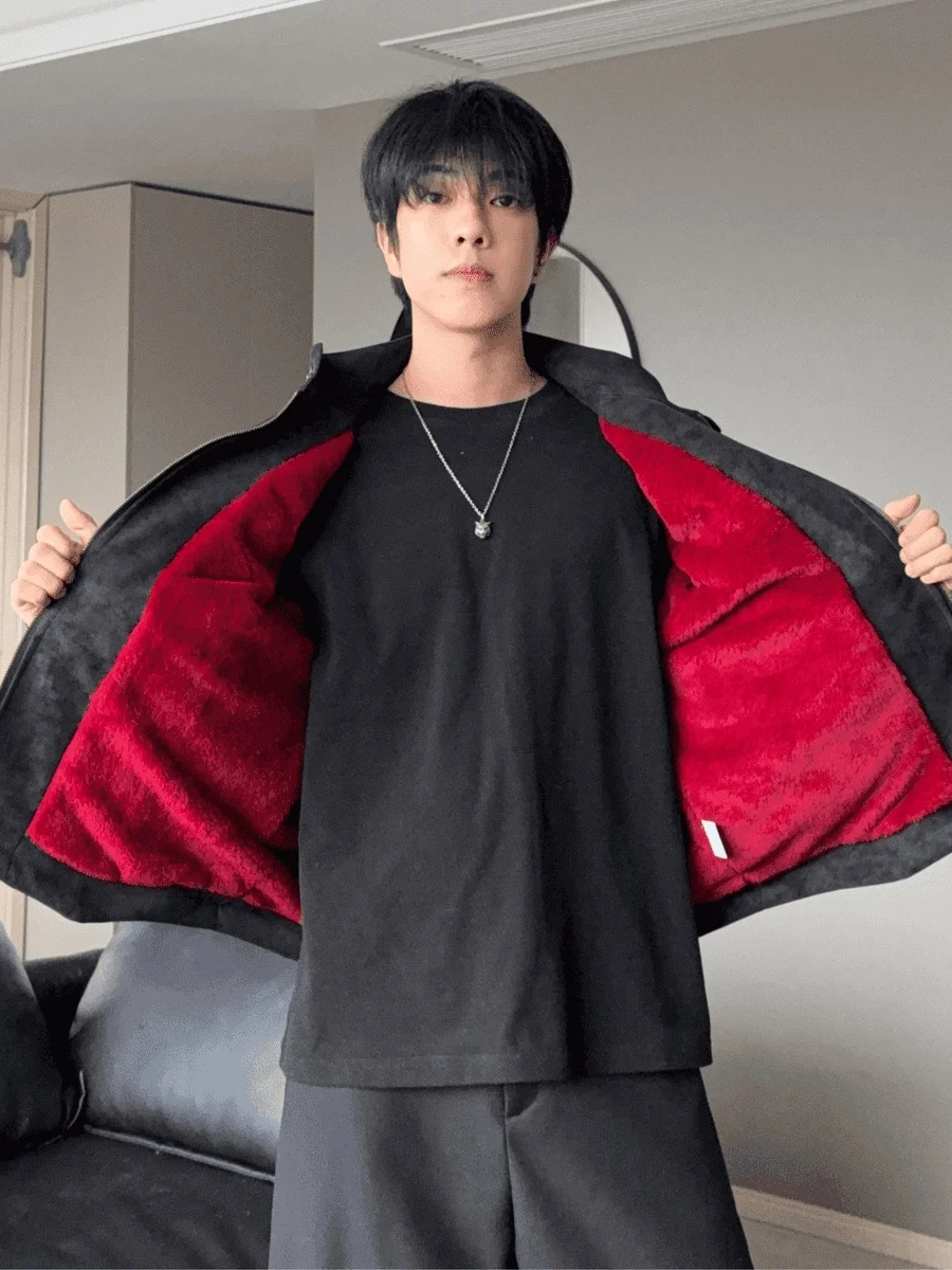 

Men's Winter ort PU Leather Jaet Retro American Dyed Cotton Vest Rabbit Fur Velvet Red Inner Motorcycle Coat Casual Wear