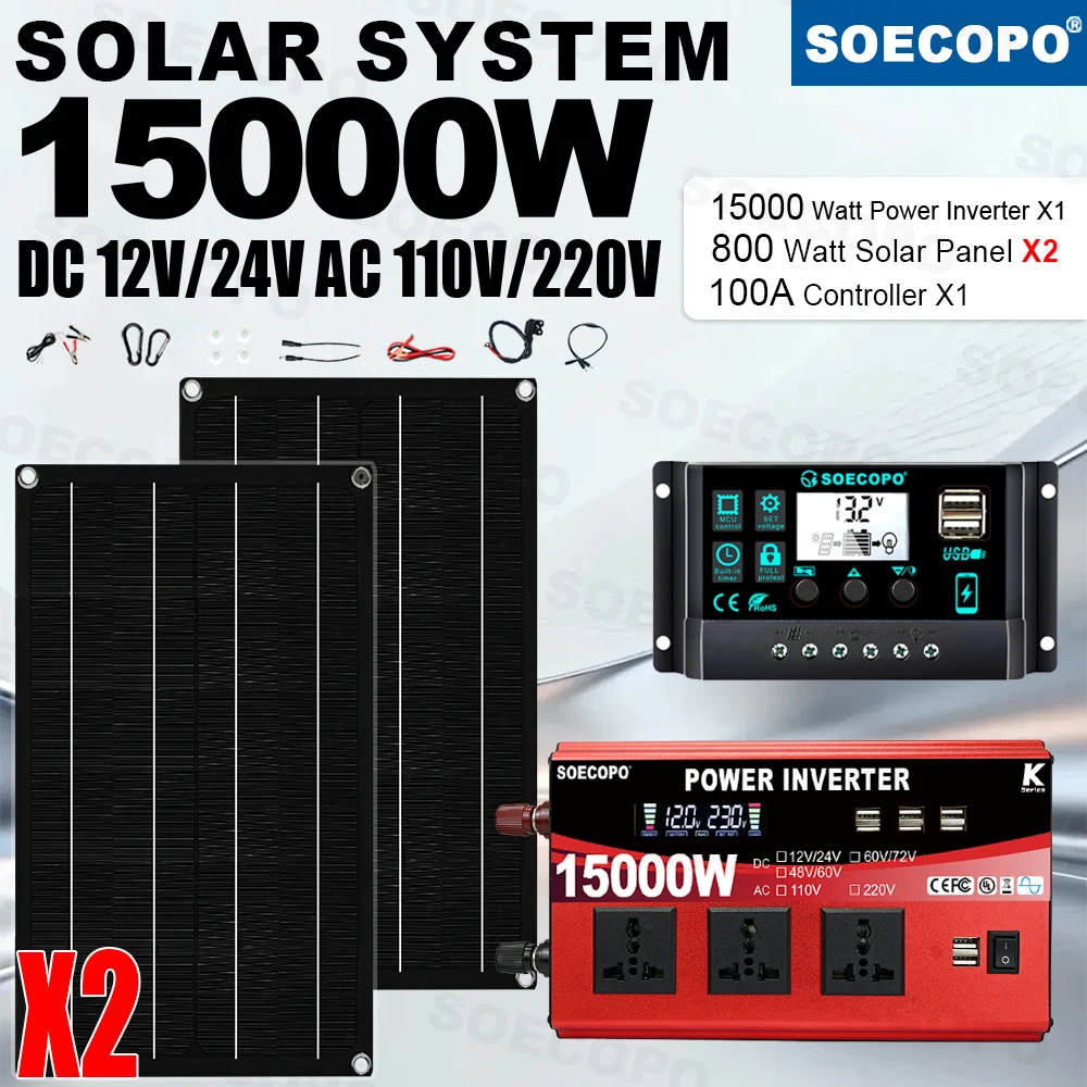 15000W Easy-Install Solar Power Kit Emergency Use Portable Power 2×800W Panels Inverter 8×USB Charging for Van Camping Home Car