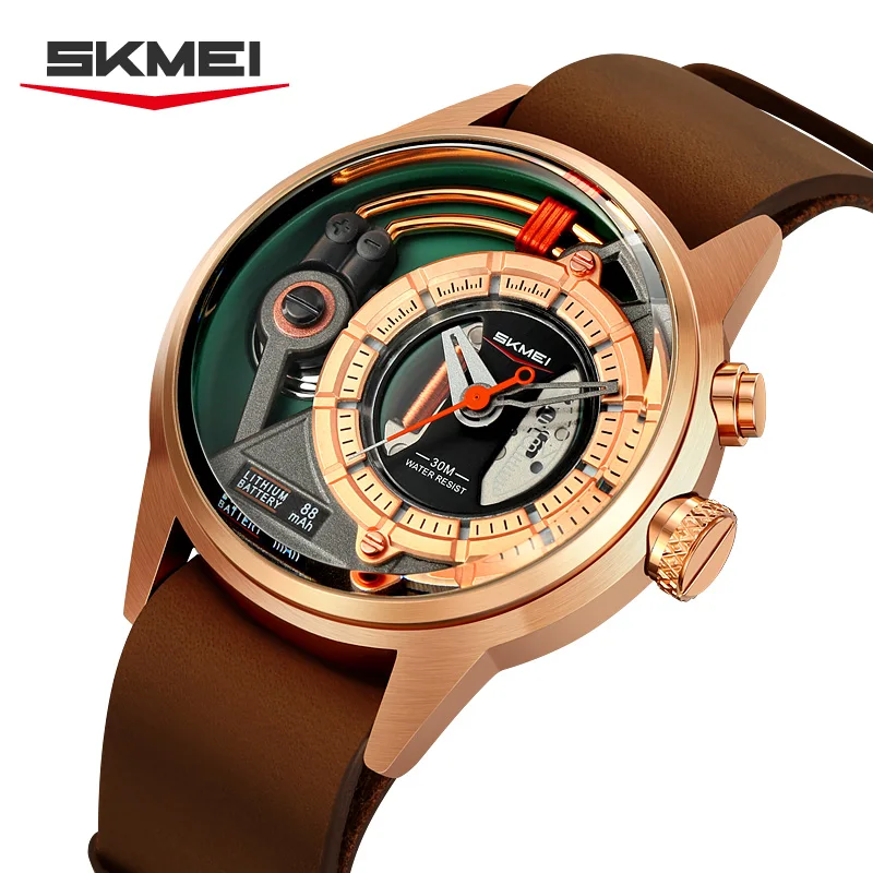 

SKMEI 2333 Luxury Quartz Mens genuine leather Business elites Alloy Watches Waterproof Mens Casual Wristwatches Display Clock