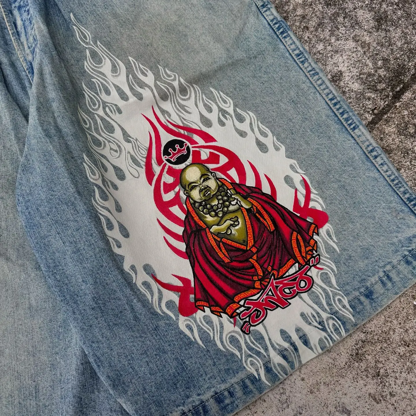 Harajuku JNCO workowate jeansowe szorty męskie y2k spodnie dresowe budda wzór odzież streetwear w stylu hip-hop mężczyzn vintage damskie spodenki modna koszykarska