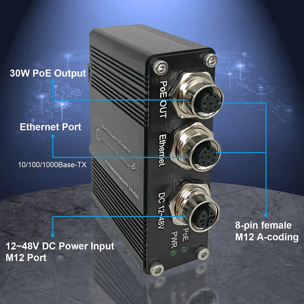 Industrial Gigabit PoE+ Injector M12 Interface 12-48VDC Input Support PoE IEEE 802.3 af/at 30W Plug and Play M12 POE Injector