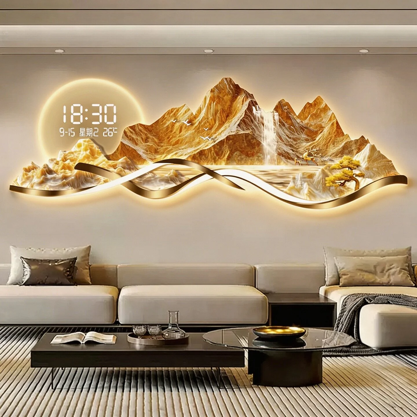 #Sunshine Golden Mountain Living Room Led Electronic Clock Sofa Background Wall Bedroom Modern Home Decoration Mural Lamp Luster