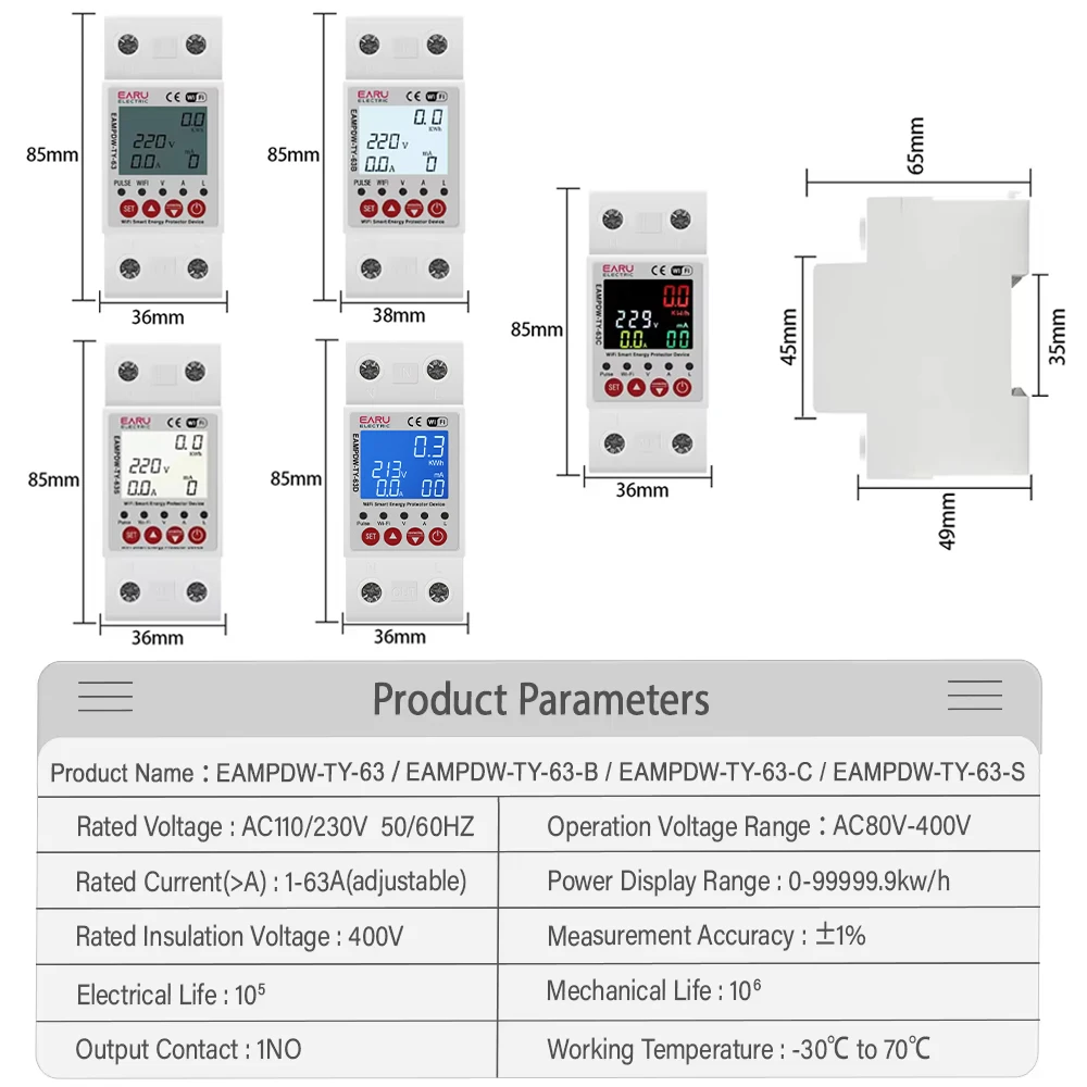 2P 63A 230V Tuya WiFi Smart Energy Meter Power kWh Meter Earth Leakage Over Under Voltage Protector Relay Device Switch Breaker