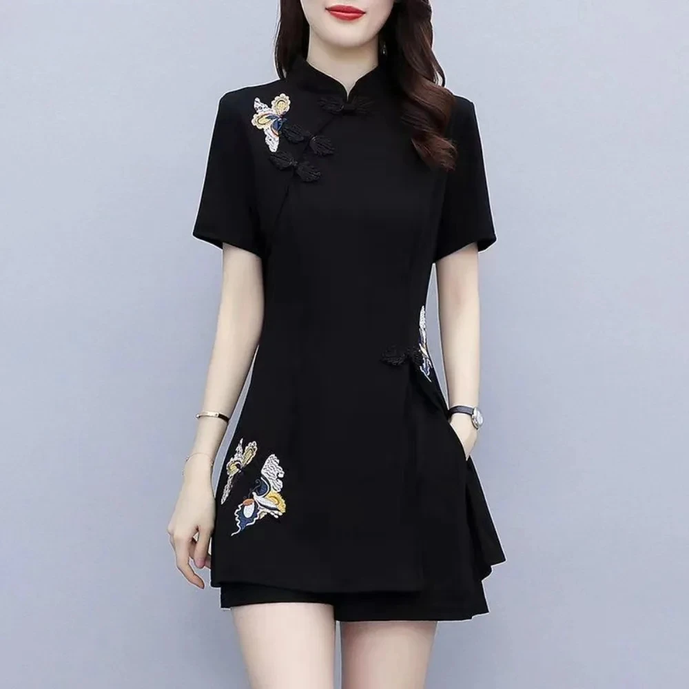 Women's Fashionable Retro Large Improved Qipao Dress Two Piece Set Women Single/Set Summer Slim Cheongsam Shorts Set