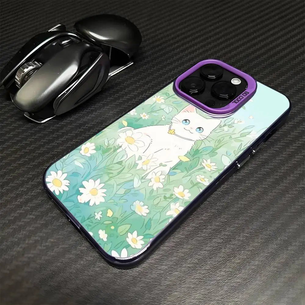 Cartoon weiße Katze im Rasen Handyhülle für iPhone 16,15,14,13,12,11, Mini, Pro, MAX Lila Matte stoßfeste Abdeckung