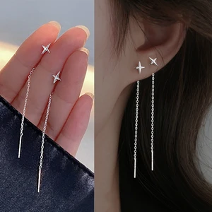 JWER S925 Anting-Anting Garis Bintang Jarum Perak untuk Wanita Anting-Anting Jatuh Rumbai Manik-manik Rantai Panjang Anting-Anting Tindik Perhiasan Telinga Asimetri 8 anting drop perak 925 penjualan terbaik - №