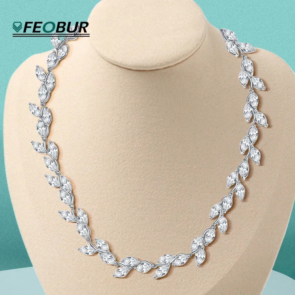 

Luxury Marquise Full Moissanite Diamond Necklace 925 Sterling Silver Leaf Shaped Choker Necklaces for Women Wedding Jewelry