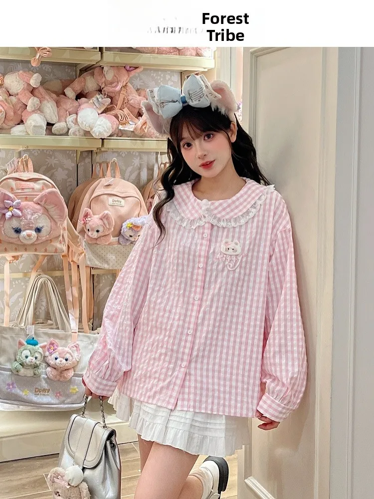 

Женская рубашка Sweet Sle с вышивкой, воротником-куклой, свободного кроя, в розовую клетку, повседневная, с длинным рукавом, на пуговицах, для осени