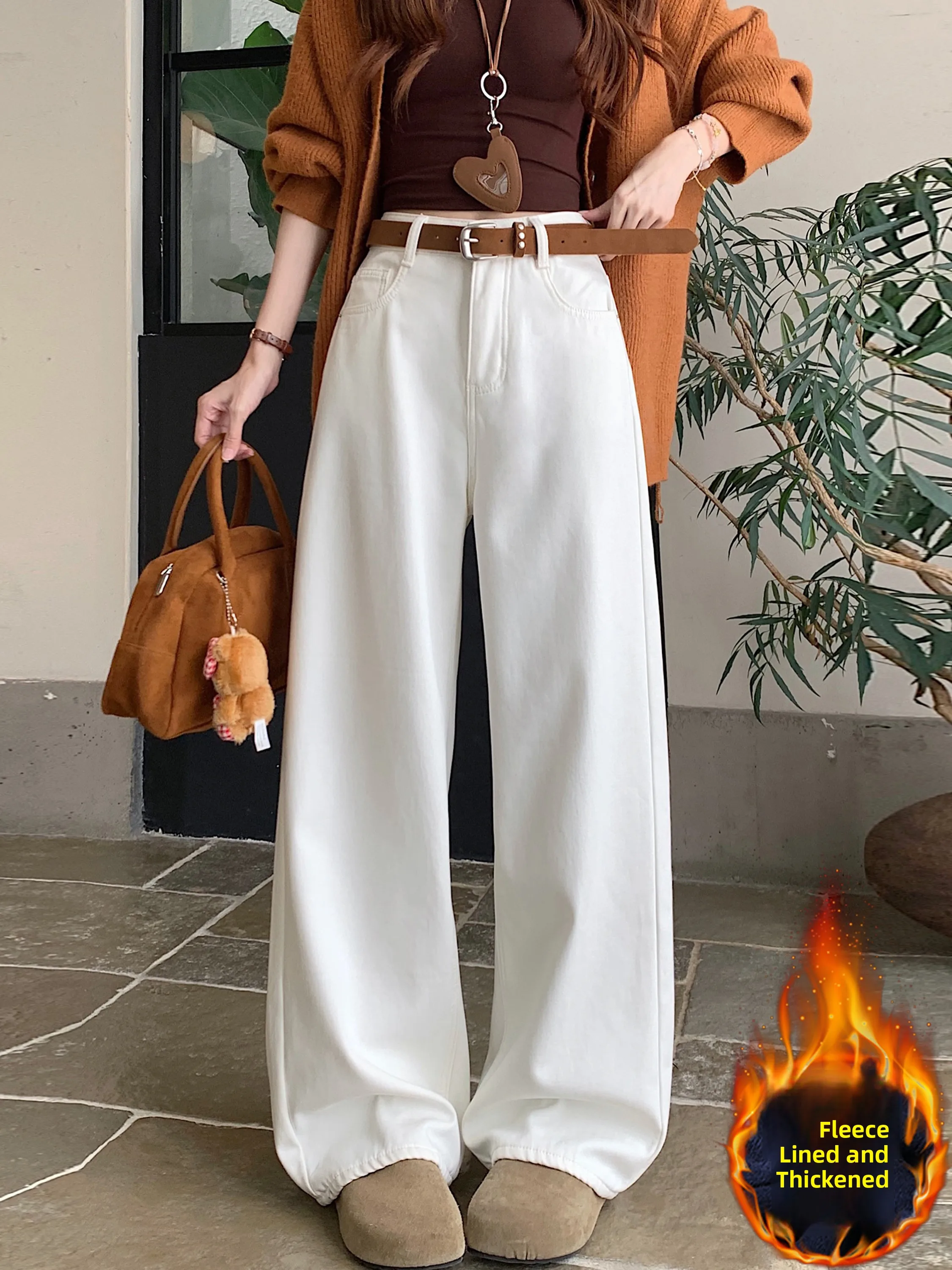 

Белые джинсы с широкими штанинами и подкладкой, женские, зимние, новые, с высокой талией, облегающие, свободные, в пол, для повседневной носки