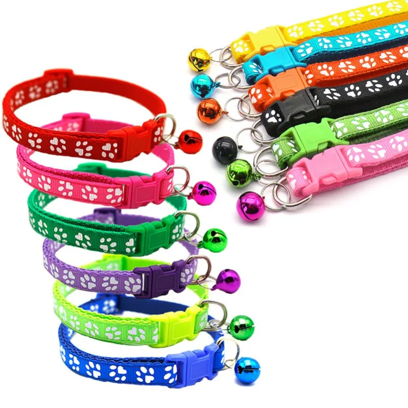 Pet Collar With Bell Cartoon Footprint Colorful Dog Puppy Cat Accessories Kitten Collar Adjustable Safety Bell Ring Necklace Pet