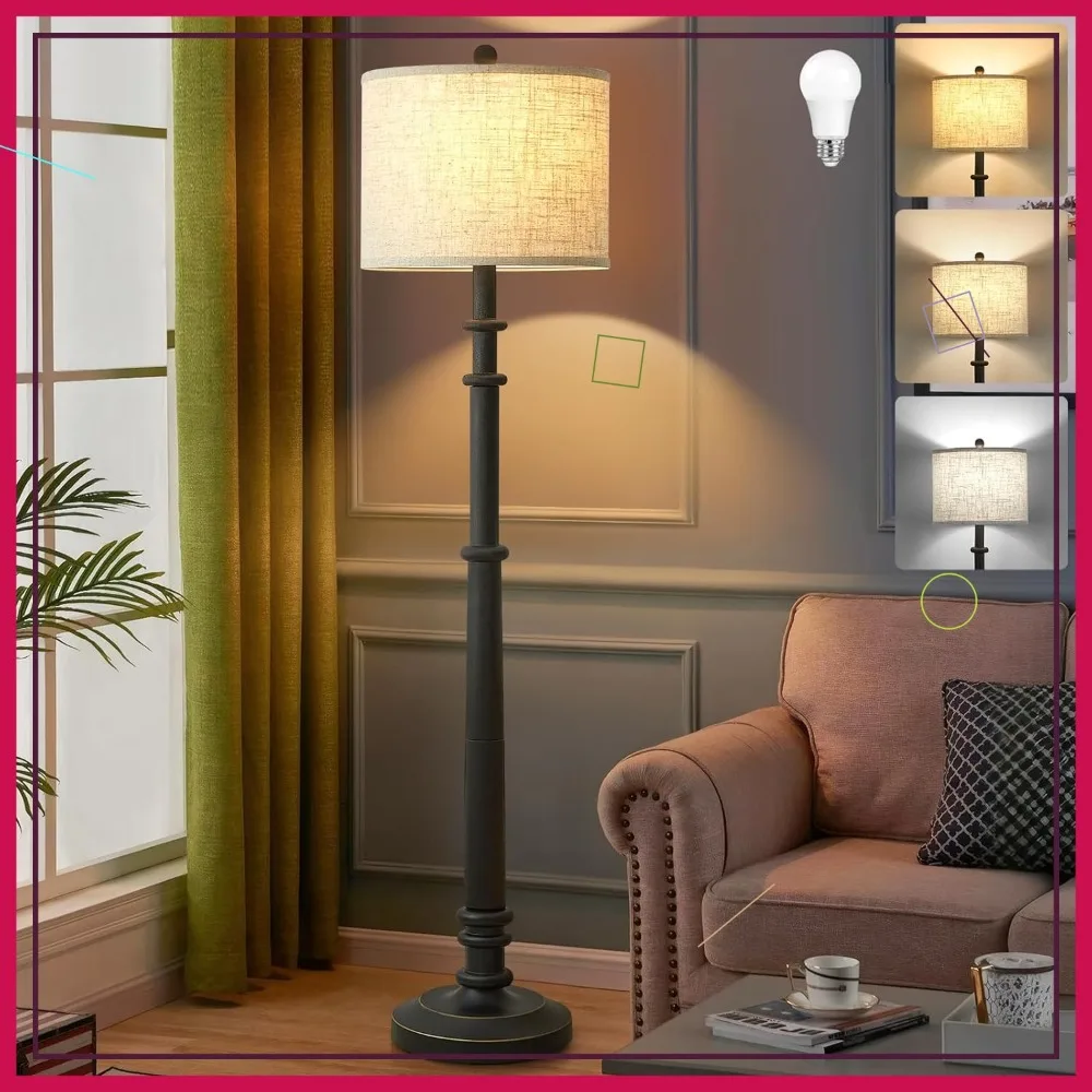 

60" Adjustable Color Temperature Vintage Farmhouse Floor Lamp with Linen Shade for Living Room Bedroom Office, Black