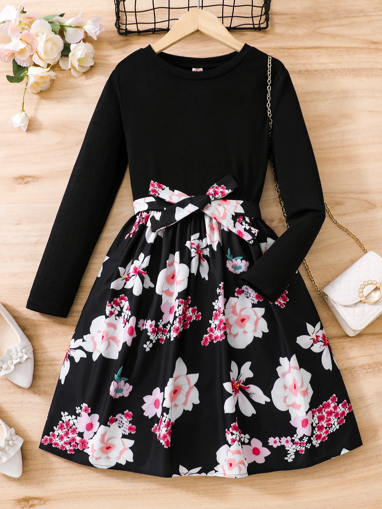 Girl Blossoms Graphic Long Sleeve A- line Dress For Elegant And Casual Look, Kids Clothing Gift