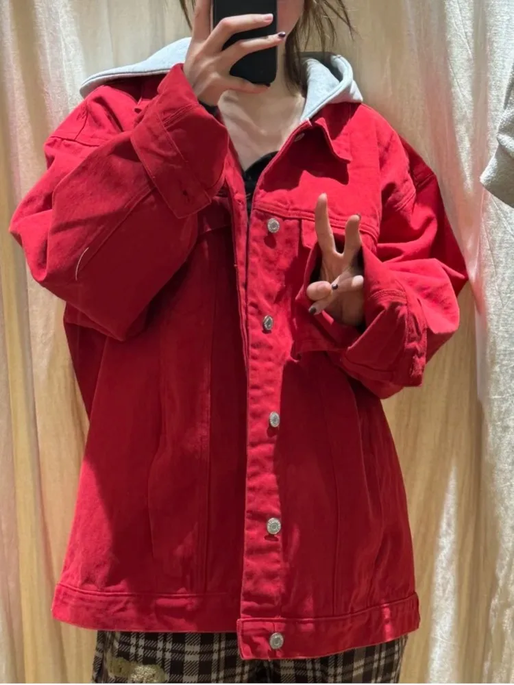 

Red Corduroy Fake Two Piece Hoodie Jacket Women Autumn Cotton Thick Warm Loose Drawstring Coat Top Streetwear Vintage Outerwear