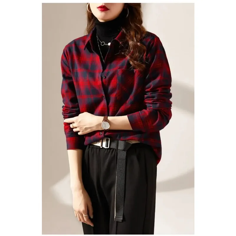 Trendy Plaid Shirt Women Long-sleeved Spring Autumn Blouse New Design Top Casual Versatile Shirt Jacket Blouses Shirts Lapel