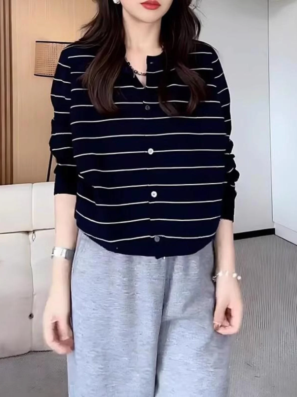 

Spring 2026 High-End Striped Open Cardigan Top plus Size Women's Faion Trend Knitted Sweater Jaet Korean Sle Loose Fit