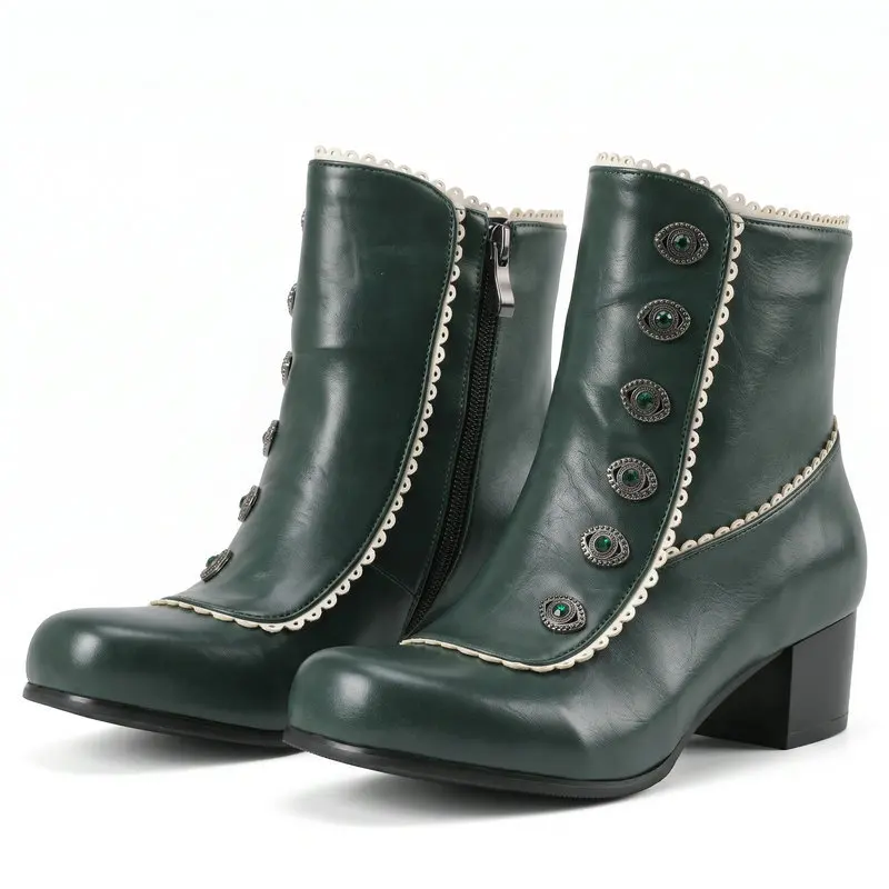 Women Victorian Ankle Boots Vintage Lace Trim Button Decor Chunky Heel Round Toe PU Leather Lolita Cosplay Party Women Boots