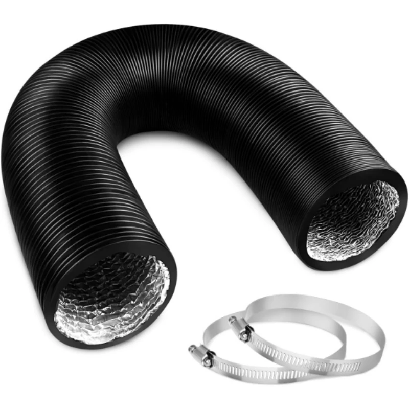 Black Flexible Air Duct Hose Insulated Aluminum Foil Exhaust Pipe Dryer Vent Tube Duty Ventilation Duct with Clamps for HVAC