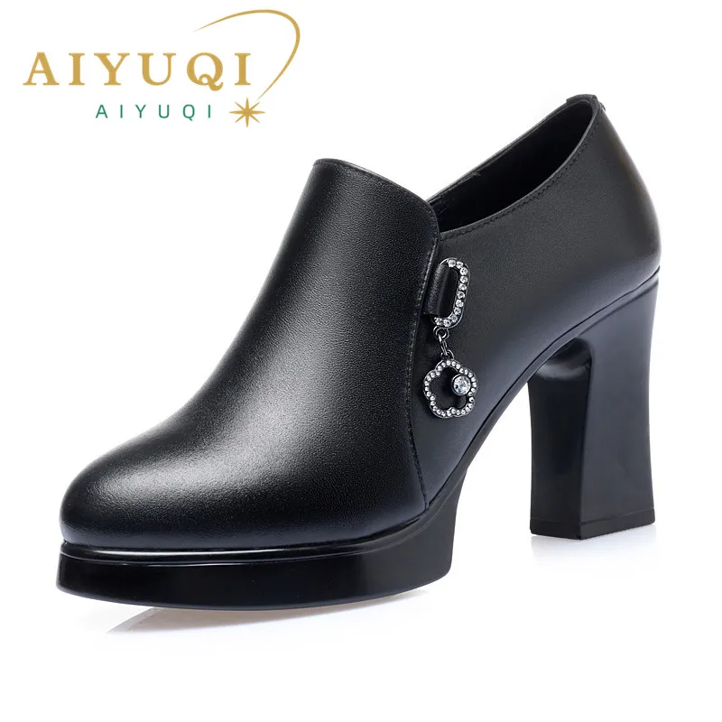 

AIYUQI Women's Shoes High Heel 2024 Spring Genuine Leather Women's Shoes Fashion Rough Heel Rhinestones Ladies shoes