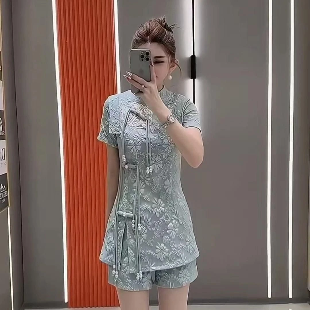 

2025 summer fashion retro chinese improved embroidered cheongsam button short sleeve top + shorts two-piece women tang suit set