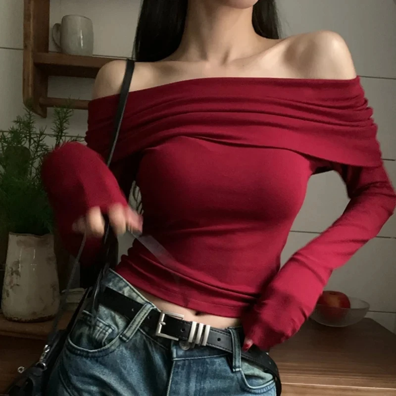 

2026 New Women Spicy Girl Off Shoulder Long Sleeve Solid Slim Fit Crop Top Autumn Winter Black Red