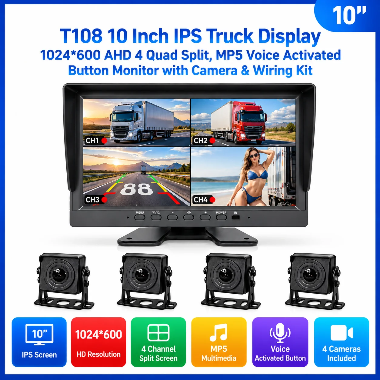 10 Inch T108 Truck Monitor IPS 1024*600 AHD 4CH Split Screen Voice Control MP5 Button Monitor With Camera & Wiring Kit