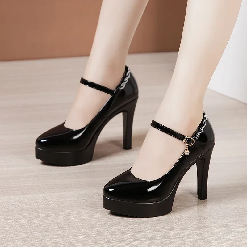 11cm Small Size 32-43 Patent Leather Thin High Heels Shoes Crystal Fall 2024 Shallow Platform Pumps Women for Model Party Dress