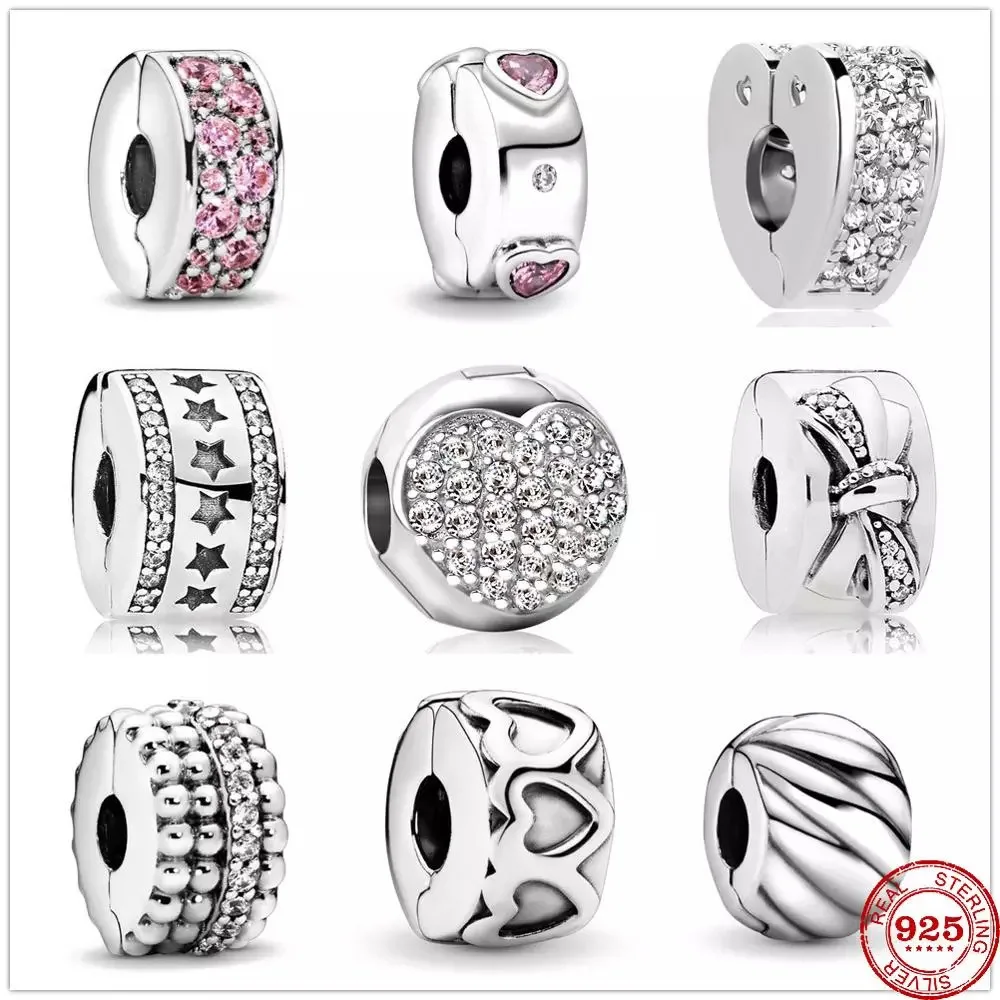 Authentic Original 925 Sterling Silver Charm Bead Clear Pavé Spacer Clip Charms silver Fit Pandora Bracelets Women DIY Jewelry