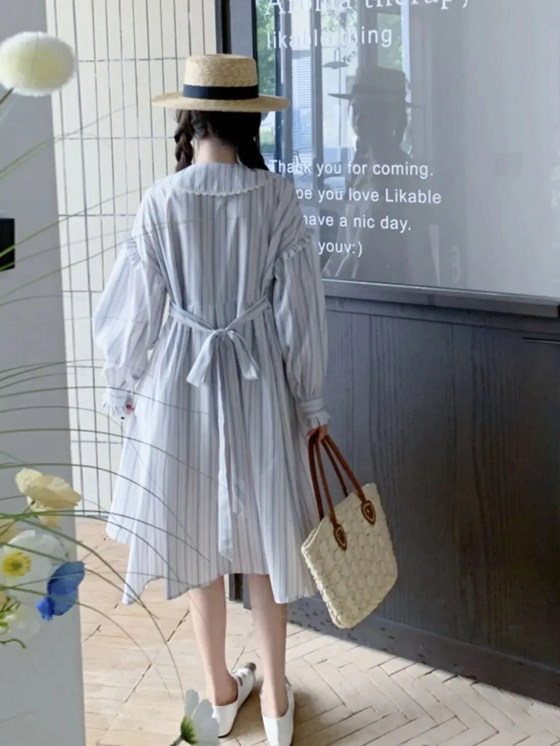 Korejpaa French Fashion Striped Doll Neck Women Dress Autumn 2024 New Sweet Slimming Shirt Dresses Elegant Bandage Vestidos