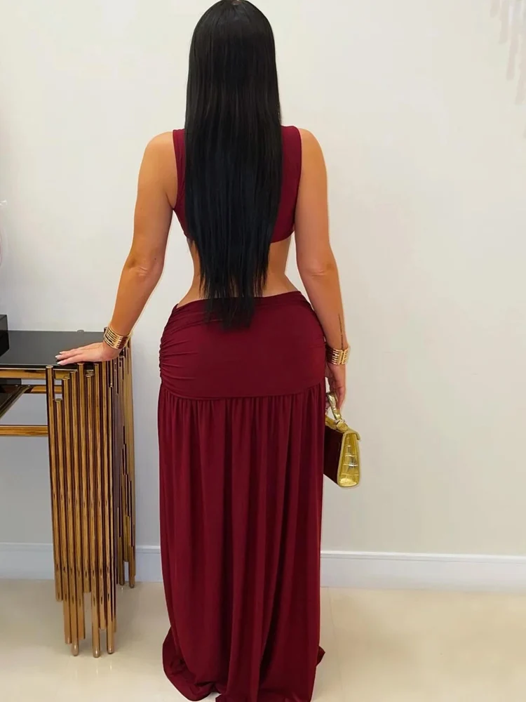 Kricesseen sexy recorte fenda maxi vestido chique feminino sem mangas ruched alta divisão clube vestido de festa roupas de natal noite fora wear