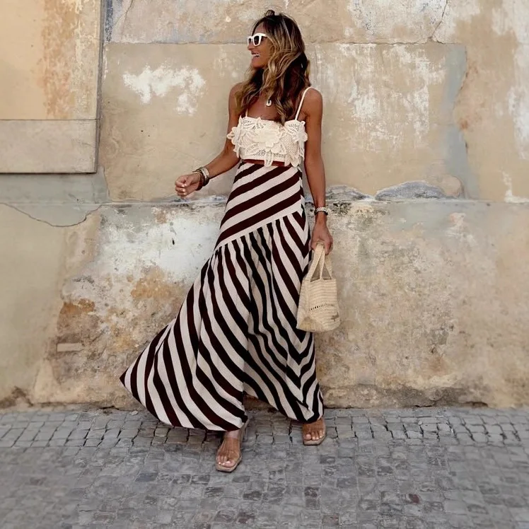 

Fashionable High Waisted Long Skirts 2026 Striped Print Holiday Big Swing Skirt For Women Skirts Y2k Vestidos De Mujer