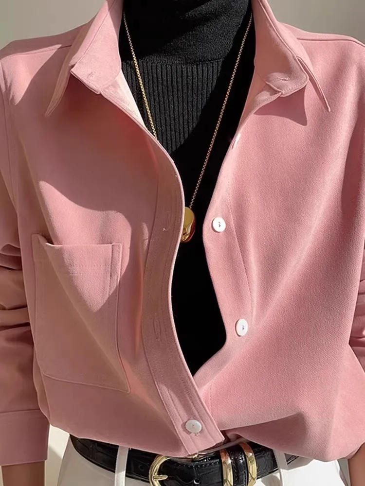 

Pink Corduroy Shirt Women's Premium Feel Top Layered Wear Base Layered Flocking Shirt Autumn Winter Commute Style Loose Fit