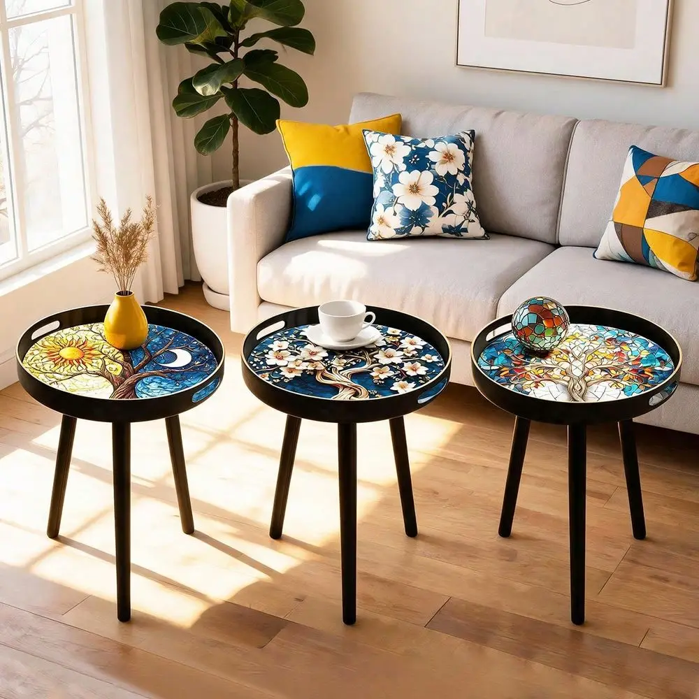 Tray Top Side Table,Painting Round Tree Of Life Print Side End Table,MultiPurpose Accent Coffee Table,Small Home Furniture,Work