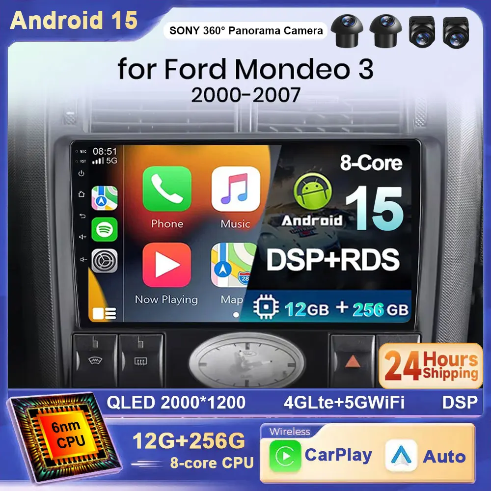 

Для Ford Mondeo MK 3 2000 2001 2002 2003 2004 2005-2007 Автомобильный радиоприемник Android 15 Carplay Android Авто экран Wi-Fi DSP 2 Din GPS Navi