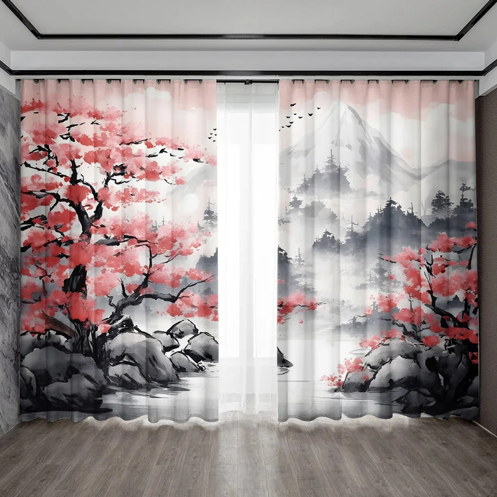 2PC Home Decoration Curtains, Snow Seeking Plum Blossom With Pole Bag Curtains, Kitchen, Coffee Shop, Living Room, Balcony