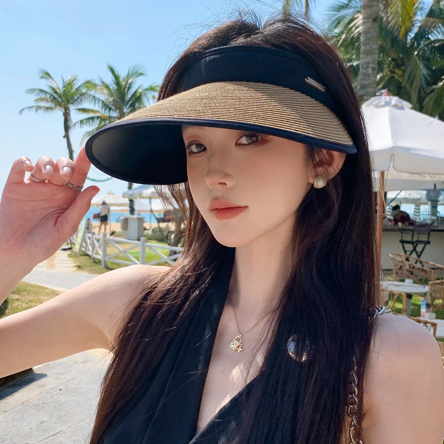 

Women's Summer Outdoor Cycling UV Protection Straw Hat Empty Top Black Glue Sunshade Hat Large Brim Elegant Style Adjustable