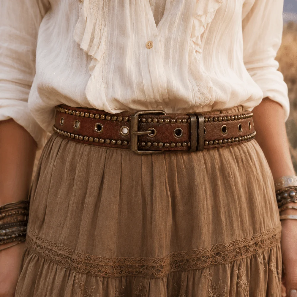 Rivet Studded PU Leather Belt Multi Hole Adjustable Studded Leather Belt Distressed Brown Antique Bronze Pin Buckle Waist Belt