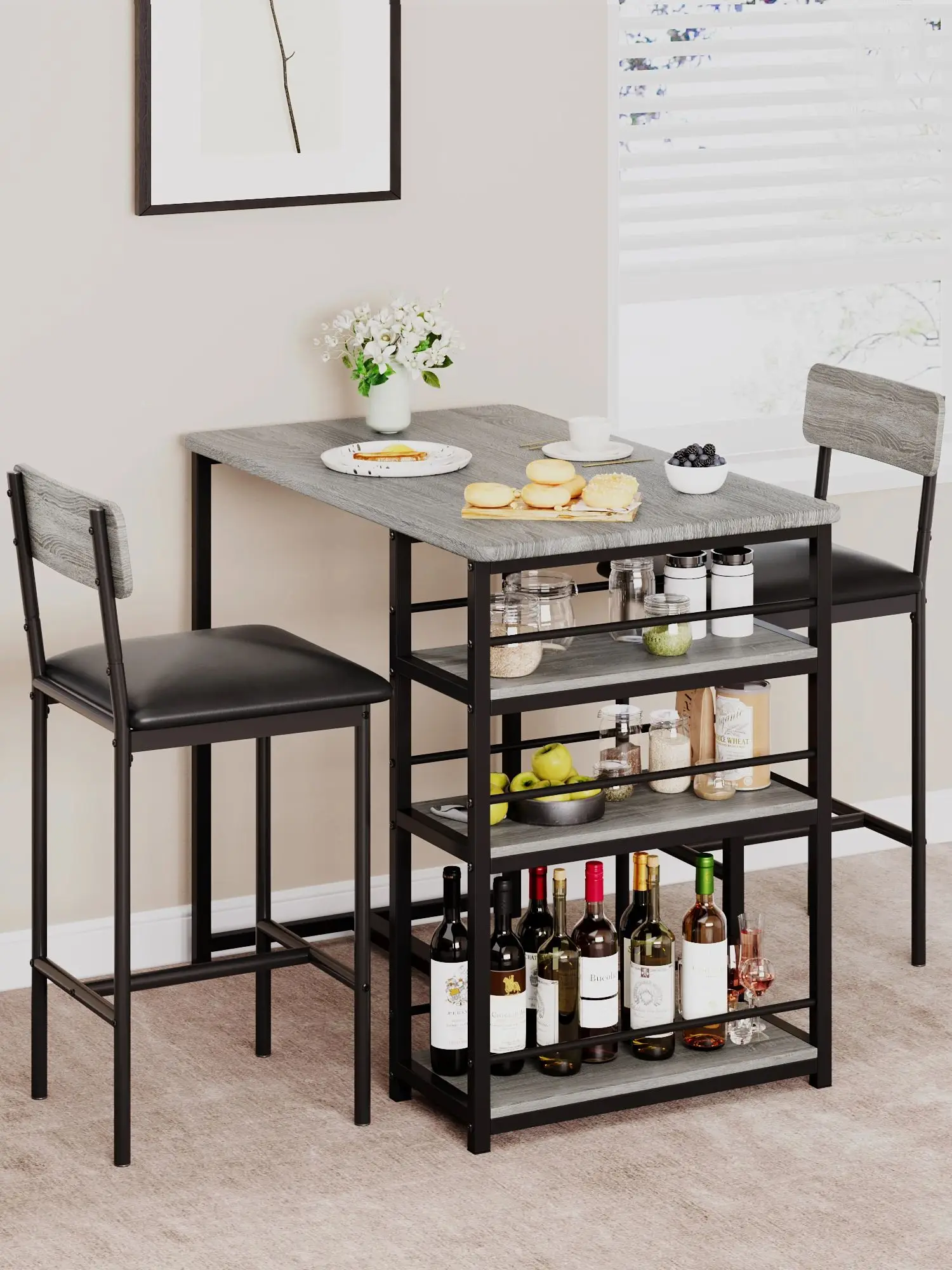 3-Piece Table Set Dining Table Wooden Tabletop Table & Upholstered Chairs for 2 Modern Kitchen Table with Chairs Space-Saving