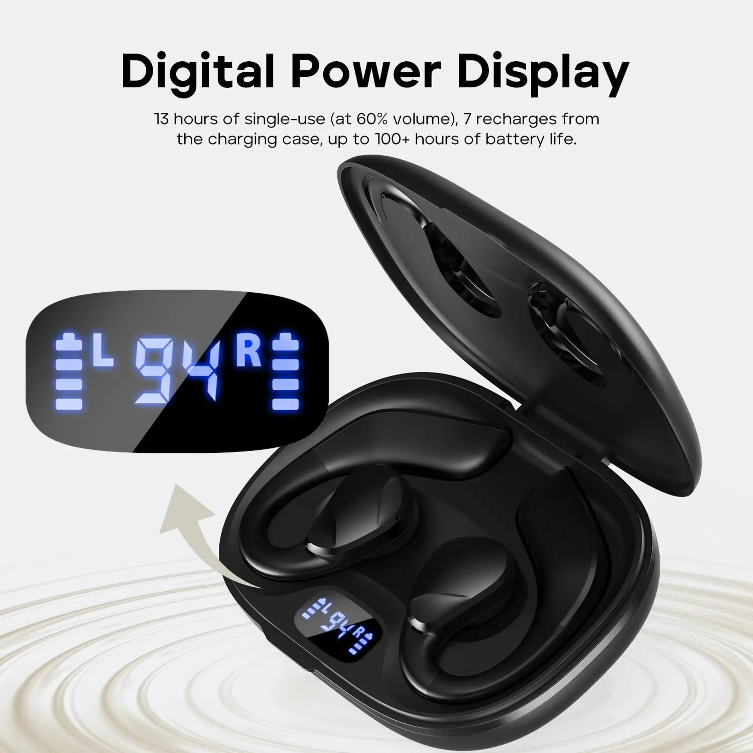 TRIBIT Open-Ear Headphones OpenGo, Wireless Earbuds with LED Display, Bluetooth 5.3, IPX5 Waterproof, 13+90H Playtime With Mic