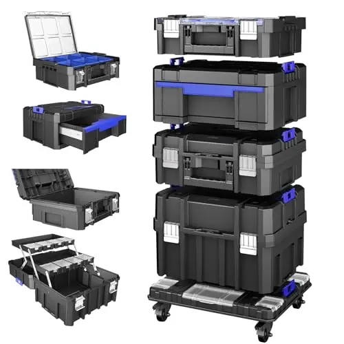 4 Tier Stackable Rolling Tool Box with Wheels | Modular Tool Organizer Box Storage System | Portable Tool Box with