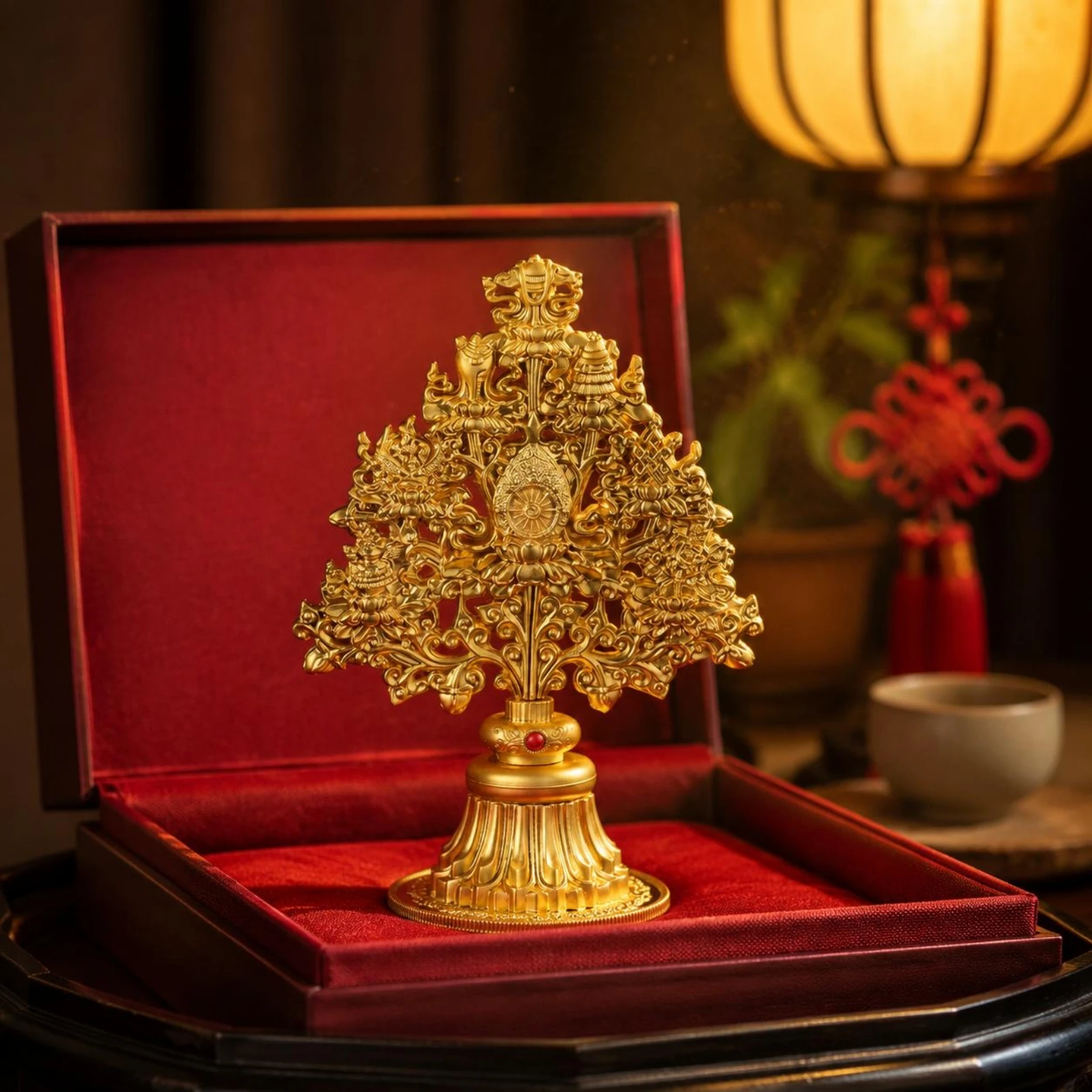 Auspicious Tree Ornament Scroll-Like Openwork Floral Tree for Tabletop Display