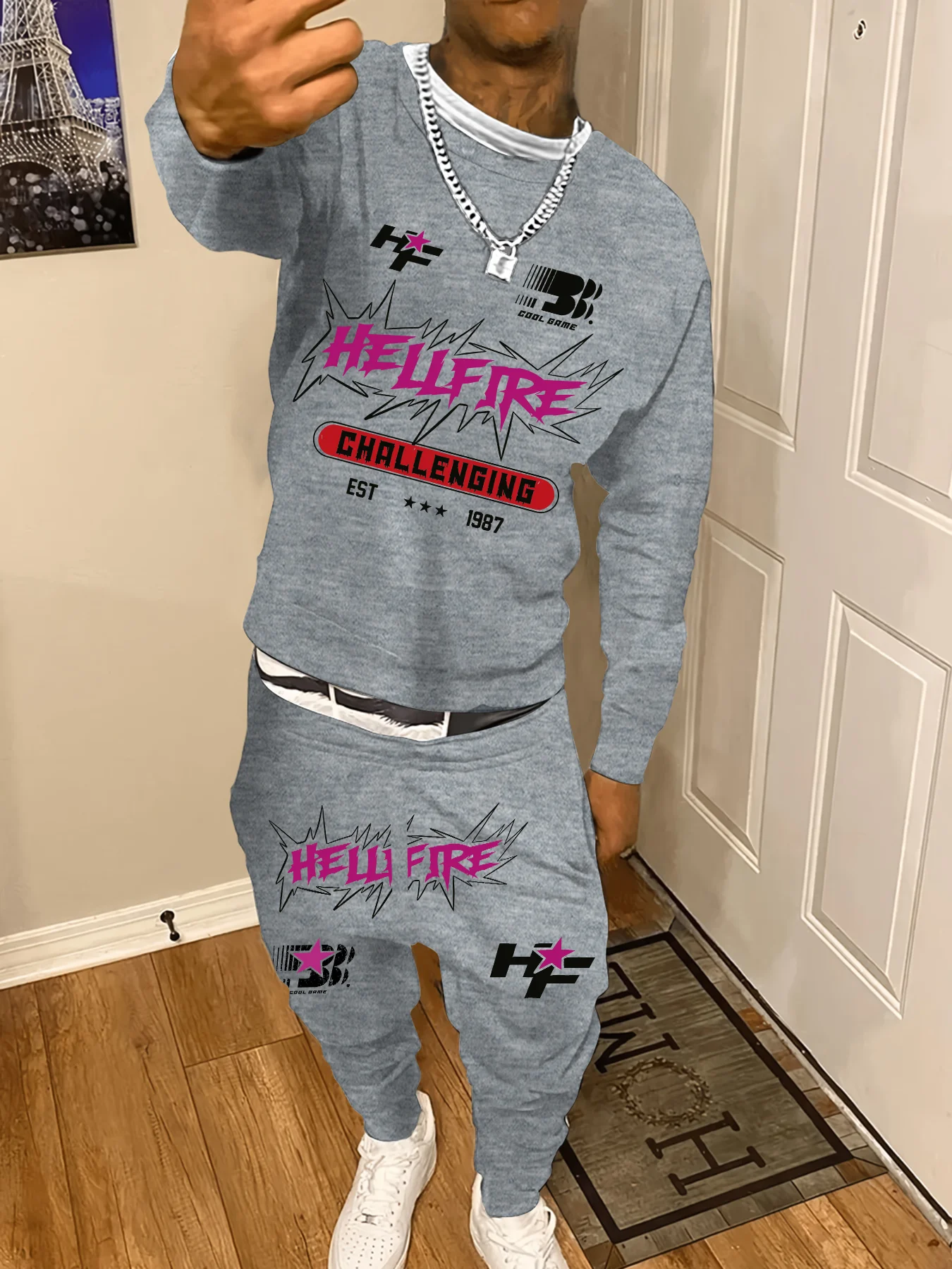 

Round neck pullover sweatshirt suit With "HELLFIRE" and "CHALLENGING" text and trendy logo patterns, daily street outfits