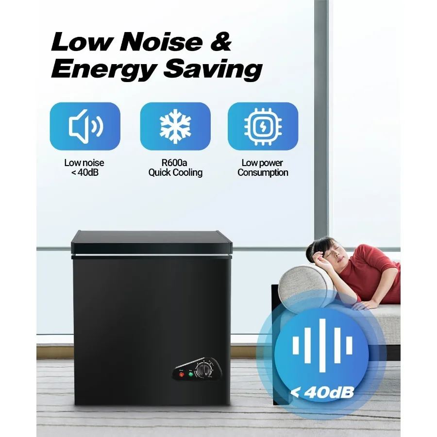 فريزر عميق مدمج 5.0 قدم مكعب مع سلة تخزين قابلة للإزالة و7 مستويات لدرجة الحرارة ترموستات فريزر صغير أسود مفتوح